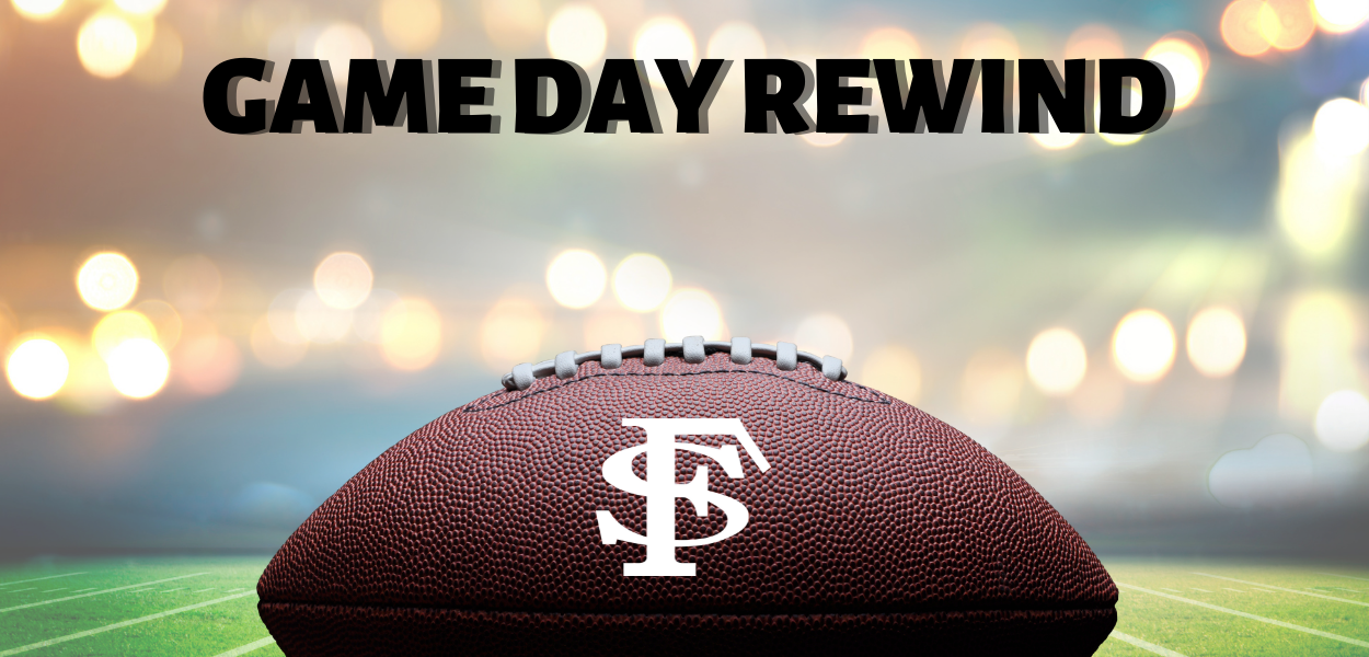 picture of a football field with a football at the bottom with the FS logo on the football. 